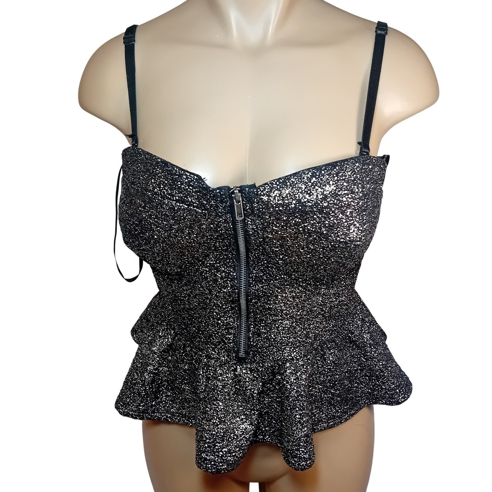 Y2K Material Girl Peplum Top Glitter‎ Zip Front Corset Party Going Out L READ